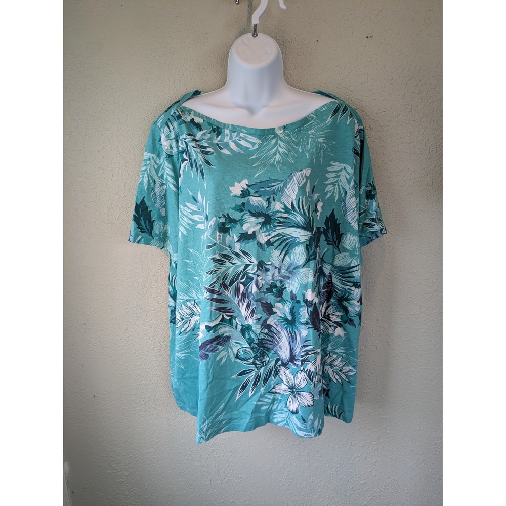 CJ Banks 3x Boat Neck Short Sleeve‎ Top Tropical Floral Leaf Print Vacation AOP